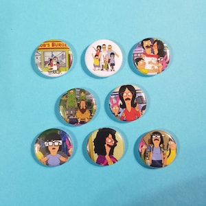 Bob&#39;s Burgers buttons! Set of 8 one inch pin back buttons badges pins featuring the Belcher family from Bob&#39;s Burgers!