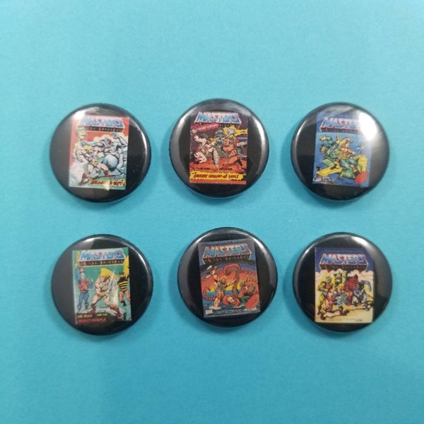 He-Man and the Masters of the Universe button set featuring 6 MOTU mini-comic covers pinback button badges pin pins