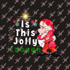 Puede incluir: Un enano de dibujos animados de aspecto gruñón con un gorro rojo y barba, de pie con los brazos cruzados. El texto "Is this jolly enough" está escrito en letras verdes y rosas sobre él. El fondo es negro con un patrón repetido de las palabras "Endless Creations".