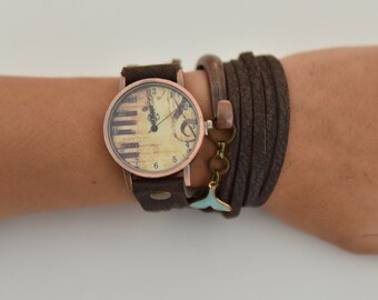 Montre enveloppante, montre en cuir marron, montre enveloppante en cuir, montre enveloppante en cuir, montre à quartz, montres pour femmes, montres boho, montre hippie