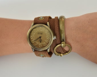 Montre enveloppante, montre en cuir marron, montre enveloppante en cuir, montre enveloppante en cuir, montre à quartz, montres pour femmes, montres bohèmes, montre hippie