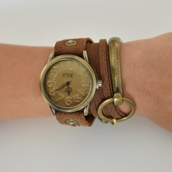 Montre enveloppante, montre en cuir marron, montre enveloppante en cuir, montre enveloppante en cuir, montre à quartz, montres pour femmes, montres bohèmes, montre hippie