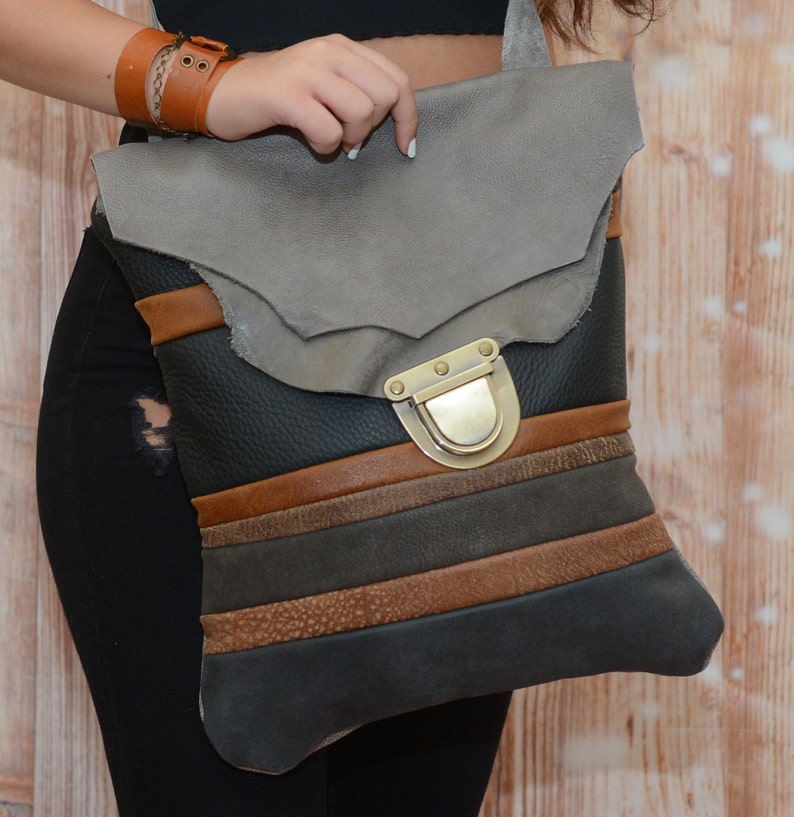 Boho Leather Crossbody Bag Cross Shoulder Bag Gray Leather Etsy