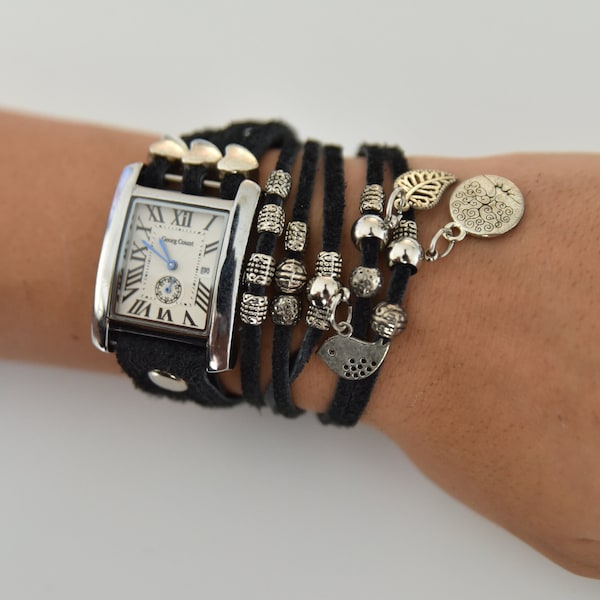 Montre Wrap, Montre en cuir noir, Montre en cuir Wrap, Montre enveloppante en cuir, Montre à quartz, Montres pour femmes, Montres Boho, Montre Hippie