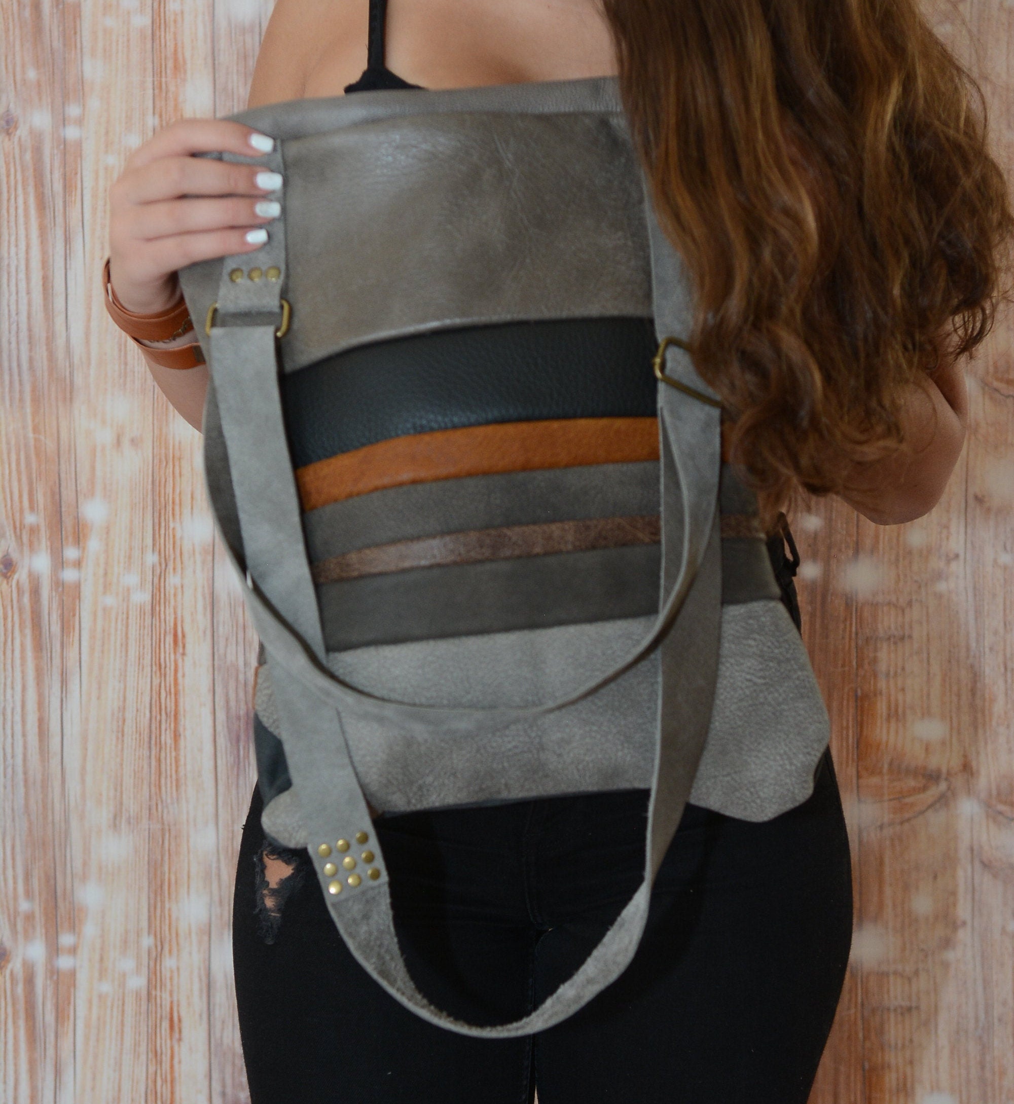 Boho Leather Crossbody Bag Cross Shoulder Bag Gray Leather Etsy