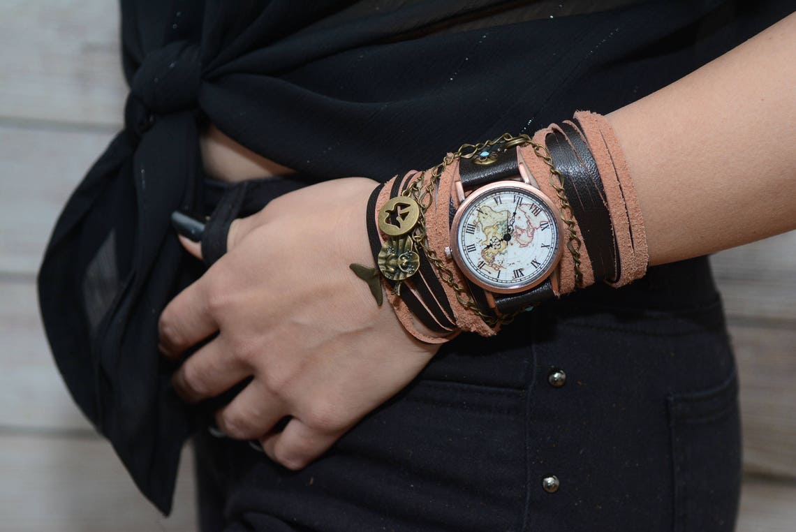 Watch Wrap Bracelet Brown Leather Watch Bracelet Watch Etsy