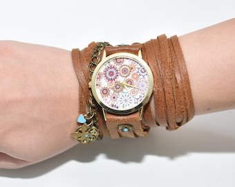 Montre enveloppante, montre en cuir marron, montre enveloppante en cuir, montre enveloppante en cuir, montre à quartz, montres pour femmes, montres boho, montre hippie