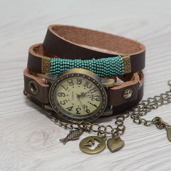 Turquoise Watch, Leather Watch, Bohemian Style Watch, Ancient Watch, Stacking Bracelet, Women Wrist Watch, Women Leather Cuff Watch