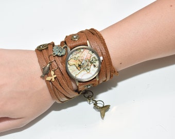 Montre enveloppante, montre en cuir marron, montre enveloppante en cuir, montre enveloppante en cuir, montre à quartz, montres pour femmes, montres boho, montre hippie