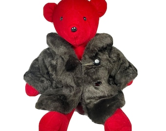 Vintage 1979 North American Bear Co. Red Plush Teddy Bear with Faux Fur Coat
