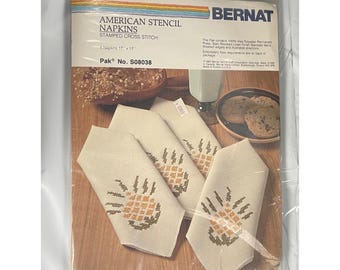 Bernat 4 Pineapple American Stencil Napkins Stamped Cross Stitch 17" Vintage