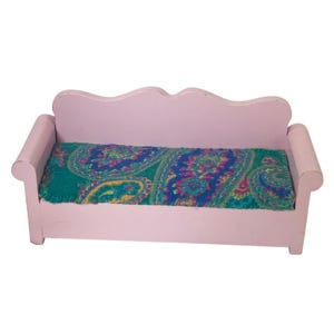 Vintage Pink Wooden Doll Couch With Colorful Paisley Seat House Furniture
