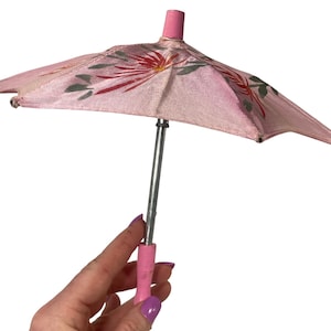 8&quot; Doll Pink Silk Parasol Umbrella With Red Floral Design Wooden Handle Vintage