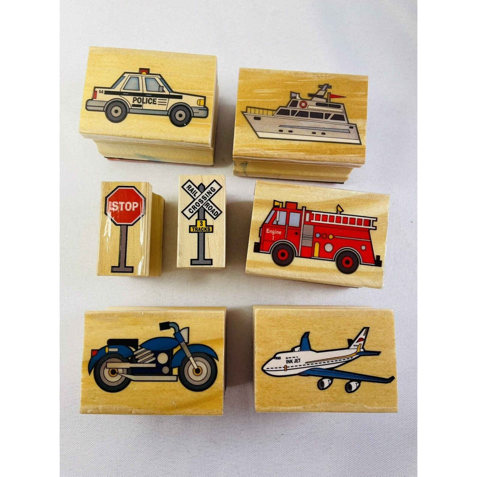 4 piece Wooden Rubber Ink Stamps Bus, Motocycle, Fire Engine Boats Kids