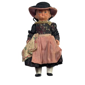 Vintage Handcrafted European Folk Art Doll With Traditional Dress & Hat Collectible Figurine