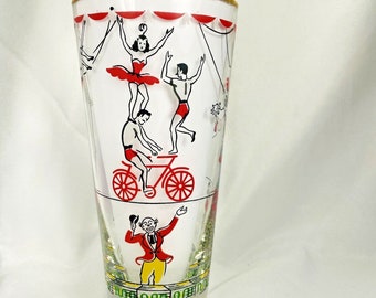 Vintage Libbey Glass Co. Fun Circus Highball Glasses 16 Ounce Tumbler Gold Rim