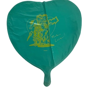 May include: A teal heart-shaped balloon with a yellow graphic of two people holding hands and a lightning bolt. The text "Punk Love!" is printed on the balloon.
