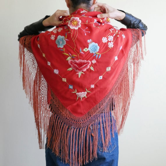 1930s Red Embroidered Piano Shawl