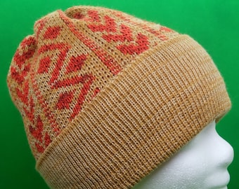 Patterned knitted hat in mustard and red