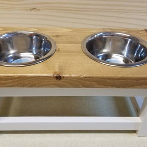Elevated dog feeder. Small size dog feeding station with bowls. Pet feeder. Dog bowl stand. Pet food bowl stand. Dog food tray.