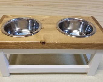 Elevated dog feeder. Small size dog feeding station with bowls. Pet feeder. Dog bowl stand. Pet food bowl stand. Dog food tray.