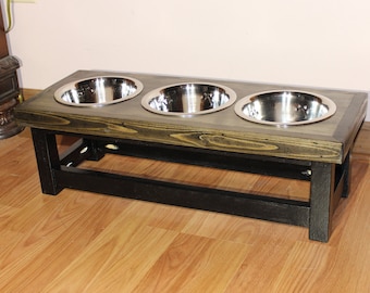 Elevated dog feeder with 3 bowls. Small size dog feeding station. Small dog bowl stand. Triple dog feeder. 3 bowl dog feeder. Pet feeding.