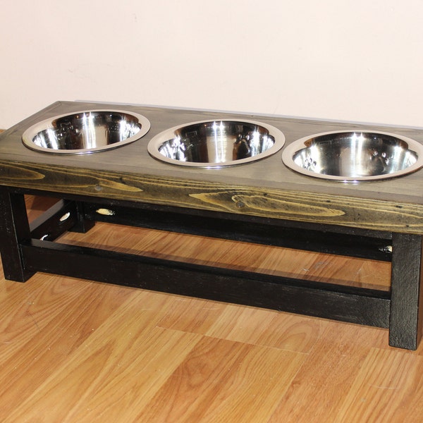 Elevated dog feeder with 3 bowls. Small size dog feeding station. Small dog bowl stand. Triple dog feeder. 3 bowl dog feeder. Pet feeding.