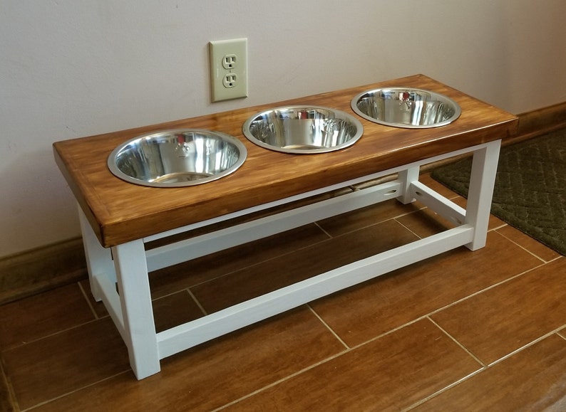 Elevated dog feeder with 3 bowls. Dog feeding station. Triple Dog bowl stand. Triple dog feeder. 3 bowl raised dog feeder, dog food tray, image 1