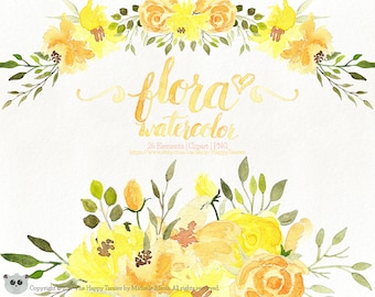 Watercolor Flora 01 Clipart, Flowers Clipart, Flower, Floral, Wreath, Bouquet, PNG, Clip Art, Watercolour, Yellow, Orange