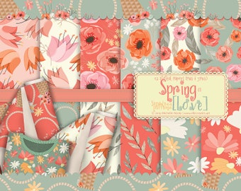 Spring Love 01 Seamless Pattern Designs and Digital Papers, Flower Patterns, Floral Seamless Pattern, Seamless Patterns Design, Peach, Mint