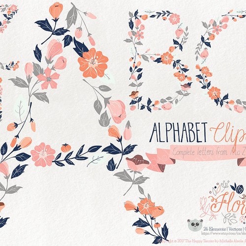 Floral Coral and Navy Alphabet Printable PNG Clipart - Etsy
