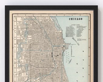 Chicago Map 1893 - Old Map of Chicago Illinois Art Vintage Print Framed Canvas Portrait History Genealogy Farmhouse Décor