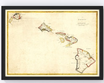 Hawaii Map 1893 - Old Map of Hawaii Art Vintage Print Framed Wall Art Canvas Portrait HI History Genealogy Farmhouse Décor