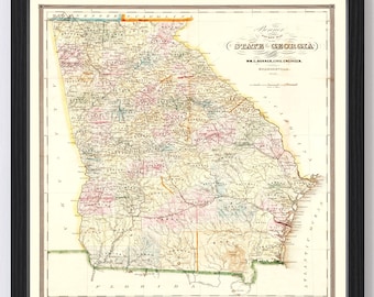 May include: An antique map of the State of Georgia, published in 1855 by W.C. Bowen, Civil Engineer, Millenville, Georgia. The map shows the state's counties, rivers, and roads. The map is printed in black, brown, red, blue, and green ink on a cream-colored background.