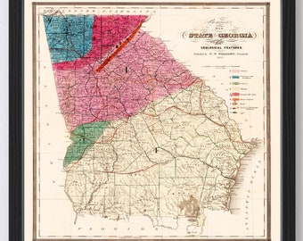May include: An antique map of the state of Georgia, showing its geological features. The map is printed in black and white with colored markings to indicate different geological formations. The map is titled "Bennett's Map (State of Georgia) Geological Features." and was published by W.T. Williams, Savannah, 1855.