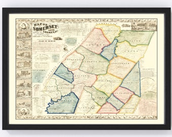 Somerset County Pennsylvania Map 1860 - Old Map of Somerset County Pennsylvania Art Vintage Print Framed Canvas Portrait History Genealogy