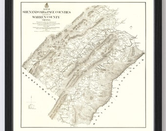 May include: A vintage map of Shenandoah and Page Counties, Virginia, with a focus on Warren County. The map is in black and white with brown topographical lines and text. The map shows the county boundaries, rivers, and roads.