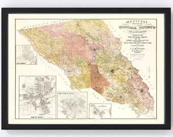 Sonoma County California Map 1900 - Old Map of Sonoma County California Art Vintage Print Framed Canvas Portrait History Genealogy