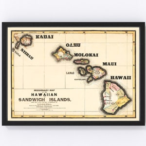 Hawaii Map 1846, Vintage Hawaii Map, Old Hawaii Art, Wall Art Gift for Hawaii History Lovers Retro Decor