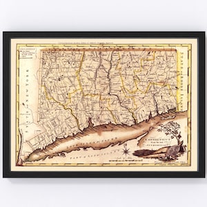 Connecticut Map 1795, Vintage Connecticut Map, Old Connecticut Art, Wall Art Gift for Connecticut History Lovers Retro Decor