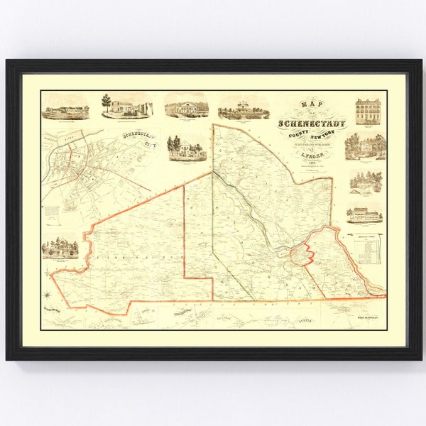 Schenectady County New York Map 1856 - Old Map of Schenectady County New York Art Vintage Print Framed Canvas Portrait History Genealogy