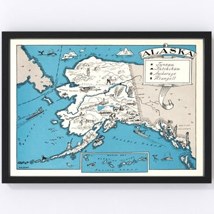 May include: A vintage map of Alaska with a blue background and white lines showing the state's geography. The map includes the names of cities like Juneau, Ketchikan, Anchorage, and Wrangell. The map is framed in black.