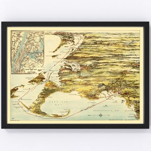 May include: A vintage map of Long Island, New York, showing the coastline and surrounding areas. The map is in a black frame and features a detailed illustration of the landscape, including waterways, towns, and landmarks. The map is titled "Map of New York City East River" in the upper left corner.