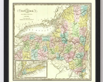 May include: An antique map of New York State, printed in black, brown, green, blue, yellow, and pink. The map shows the state's counties and major cities, including New York City, Albany, and Buffalo. The map is titled "New York" and includes the text "Drawn & Published by David H. Burr, New York, 1838."