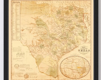 May include: An antique map of the State of Texas from 1857. The map shows the state's counties and major cities, as well as the surrounding states and territories. The map is printed on aged paper with a yellowed hue and has a decorative border.