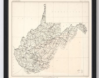 May include: A vintage map of West Virginia, showing the state's counties and major cities. The map is printed in black and white on a cream-colored background. The map is framed in a black frame.