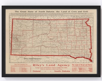 South Dakota Map 1906 - Old Map of South Dakota Art Vintage Print Framed Wall Art Canvas Portrait SD History Genealogy Farmhouse Décor