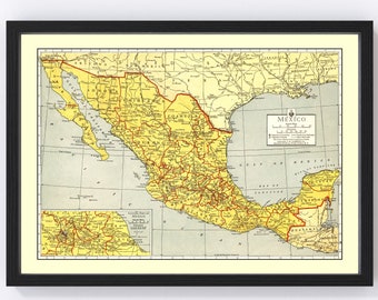 May include: A vintage map of Mexico with state borders outlined in red and yellow. The map shows major cities, rivers, and railroads. The title "Mexico" is printed in the upper right corner. The map is framed in black.