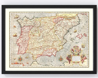 Spain Map 1623, Vintage Spain Map, Old Spain Art, Wall Art Gift for Spain History Lovers Retro Decor