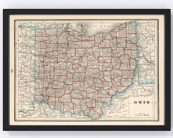 Ohio Map 1893 - Old Map of Ohio Art Vintage Print Framed Wall Art Canvas Portrait OH History Genealogy Farmhouse Décor